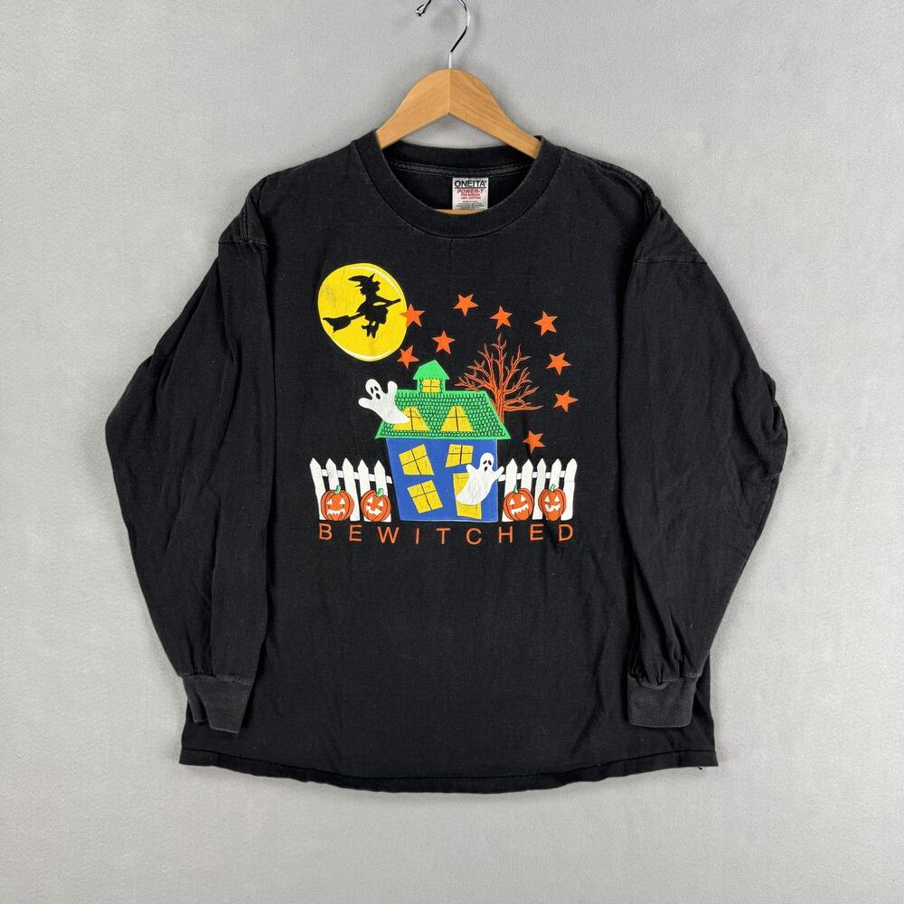 Vintage Halloween Shirt Mens XL Black Oneita Ghosts Bewitched 90s Graphic Tee